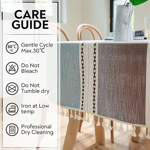 [LLC] Rectangular Tablecloth Cotton Linen, Washable Tablecloth with Tassels Perfect for Rectangular Oblong Tables, Kitchen, Dining Room (140 x 220 cm, Blue Brown)
