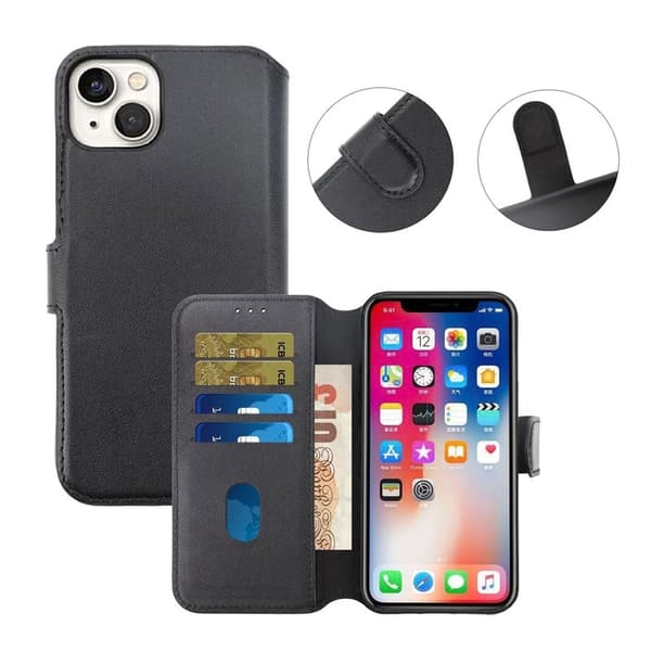 [LLC] iPhone 15 Wallet Case Leather Rvelon - Black Svart black