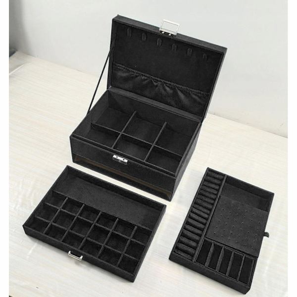 [LLC]Black Jewelry Box with Lock and Multiple Compartments Black Black Black
