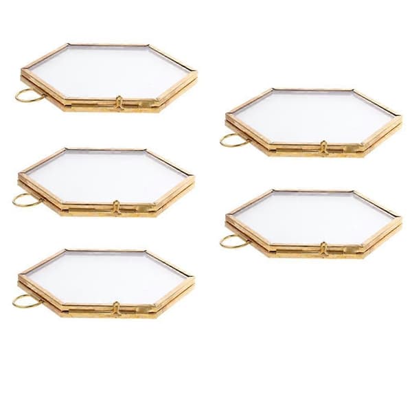 5 Stycken Hexagon Metall & Glas Bilder Fotoram Hängande Ram Kopparton