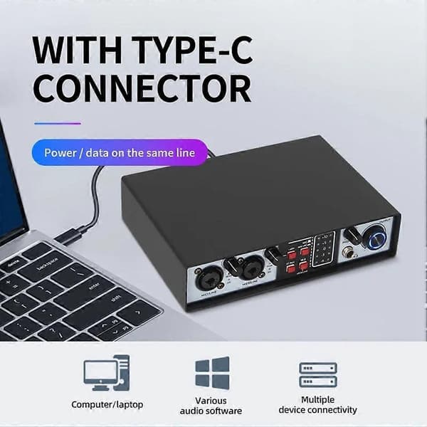 Professionelt 36-bit 384kHz lydkort, 2 ind/2 ud USB-lydinterface til musikstudie, mikrofon og DJ-mixer Black
