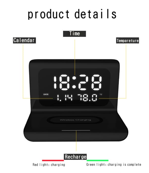 [LLC]Creative Digital Alarm Clock, Wireless Fast Charging, Multifunctional Three-in-One Mobile Phone Wireless Charging Alarm Clock Black