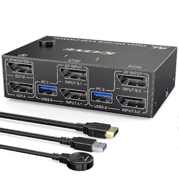 Kvm Switch Dobbelt Skærm Displayport, 4 Usb3.0 Til 2 Computere, 2 Ind 2 Ud Dp 1.4 Kvm Switch Black