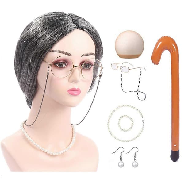 [LLC] 100 dagar i skolan Mormorsperuk Gammal dam Cosplay Kostym 8 delar Set för flickor Gray