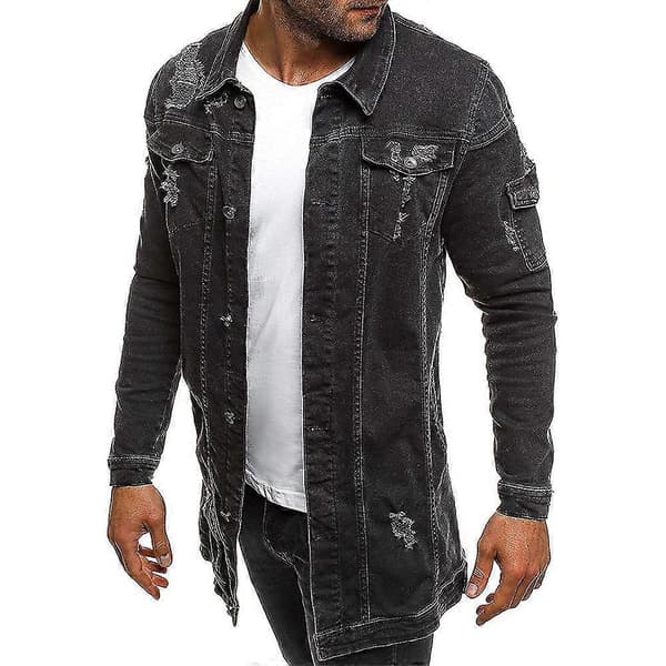 Lång denimjacka för män, långärmad, sliten ytterkläder shacket med fickor M M