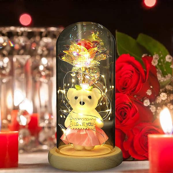 [LLC]Galaxy Rose i glaskupol med ljus Infinity Rose Flower Shines Pink