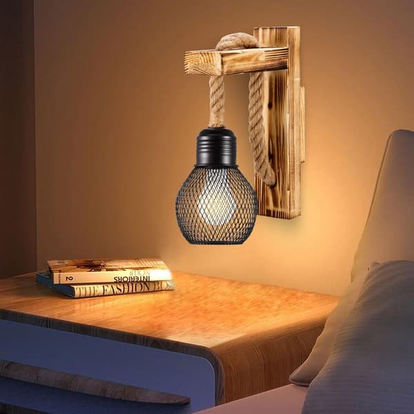 [LLC] Wooden Wall Lamp Hemp Rope, E27 LED Retro Wall Light Living Room Bedside Corridor Cafe Bar (Without Bulb)
