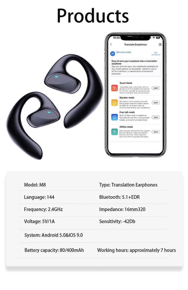 144 Sprog Oversætter Ørepropper M8 Trådløs Bluetooth Tovejs Oversætter Enhed black