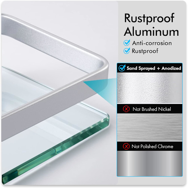 [LLC] Glass Bathroom Shelf, Aluminum, 8mm Tempered Glass, Extra Thick, 1 Piece Rectangular, 1 Layer Storage Organizer, Wall Mounted, Silver