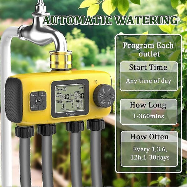 2025 Nyaste 4-zons vattentimer för trädgårdsslang, 4-utlopps sprinklertimer med