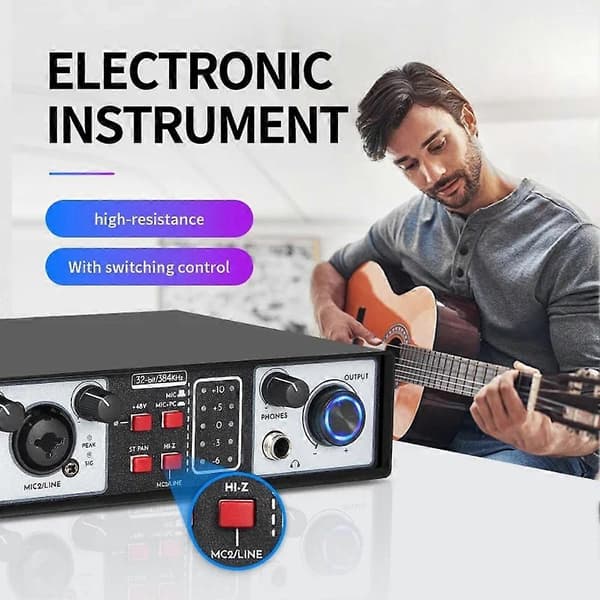 Professionelt 36-bit 384kHz lydkort, 2 ind/2 ud USB-lydinterface til musikstudie, mikrofon og DJ-mixer Black