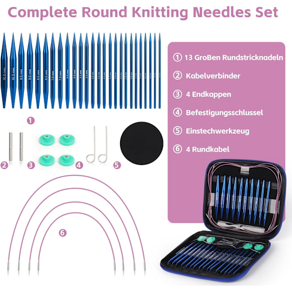 [LLC] Interchangeable Circular Knitting Needle Set, 3.0-10.0mm, 40cm/60cm/80cm/100cm, Interchangeable with Box, Aluminum, Interchangeable Circular Needle, Blue
