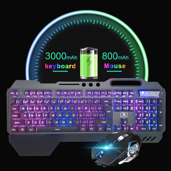 [LLC] 2.4G Wireless Keyboard and Mouse Set with Mechanical Feel, Waterproof LED Backlit Gaming Keyboard + 2400DPI 6-Button Mouse
