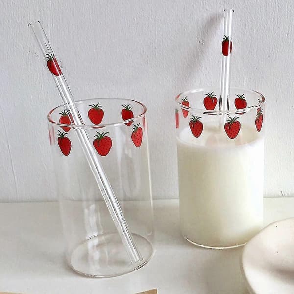 [LLC]300ml 10oz Hög Borosilikat Nana Söt Jordgubbs Vatten Mjölk Dricksglas Kopp Med Sugrör 1cup with 1 straw