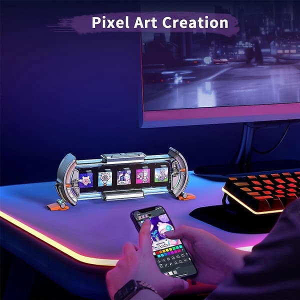 Times Gate Pixel Art Gaming Setup Klocka med Smart App-kontroll, 128x128 IPS-skärm perfekt Pink