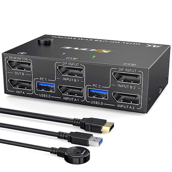 KVM-switch med dobbelt skærm DisplayPort, 4 USB3.0 til 2 computere, 2 ind 2 ud DP 1.4 KVM-switch Black