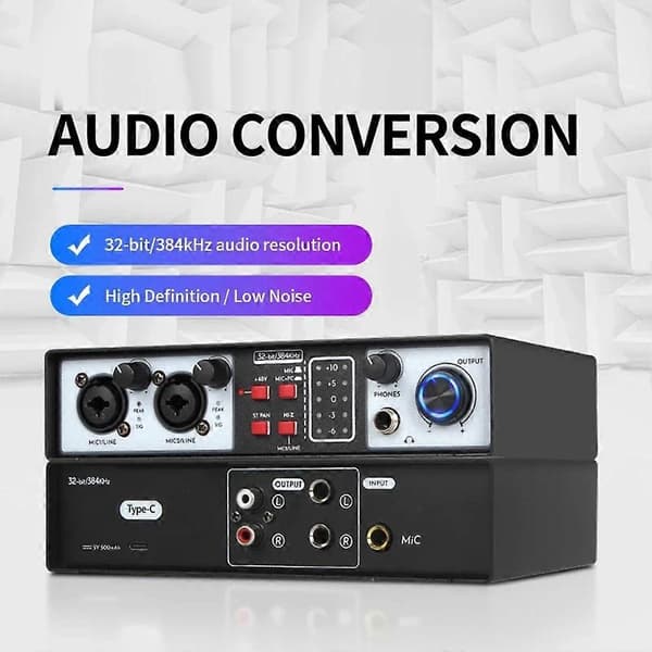 Professionelt 36-bit 384kHz lydkort, 2 ind/2 ud USB-lydinterface til musikstudie, mikrofon og DJ-mixer Black