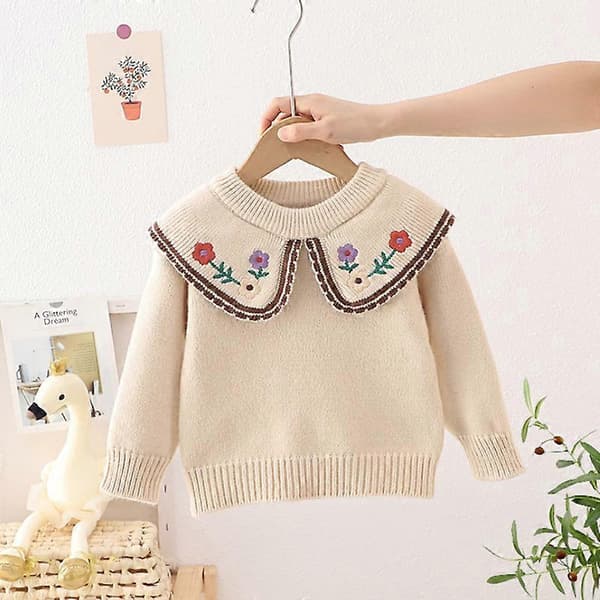 Julesweater til små piger, strikket pullover med julemotiv BEIGE 80CM