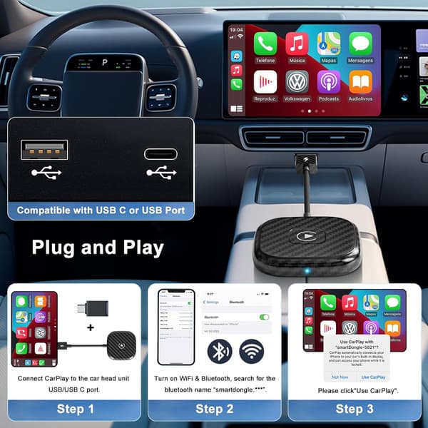 [LLC] Trådløs CarPlay til iPhone, Trådløs CarPlay-dongle konverterer kablet til trådløs, til biler fra 2017-2024 & iPhone iOS 11+