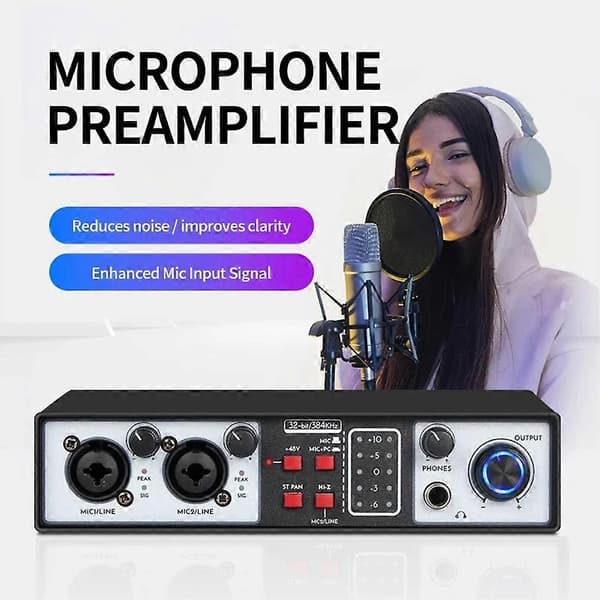 Professionelt 36-bit 384kHz lydkort, 2 ind/2 ud USB-lydinterface til musikstudie, mikrofon og DJ-mixer Black