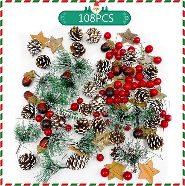 [LLC] 108 Pieces Christmas Wreath Making Decorations Natural Pine Cone Red Holly Berries