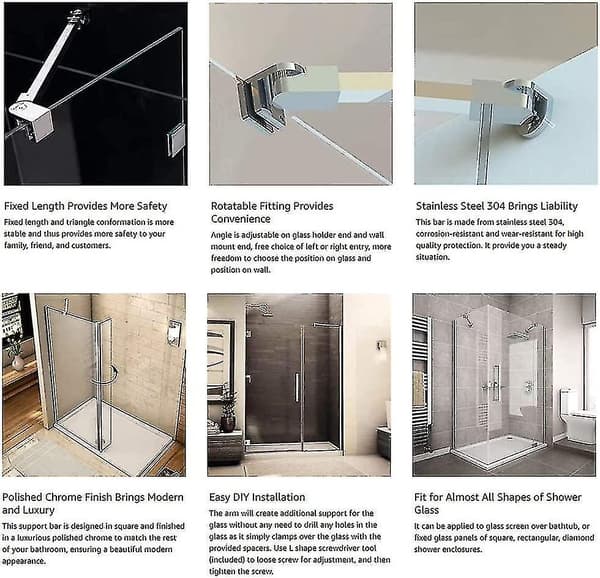 [LLC]Thcm Rammefrit brusebad i rustfrit stål, fast panel, væg til glas støttestang til 6mm 8mm 10mm tykt glas A175