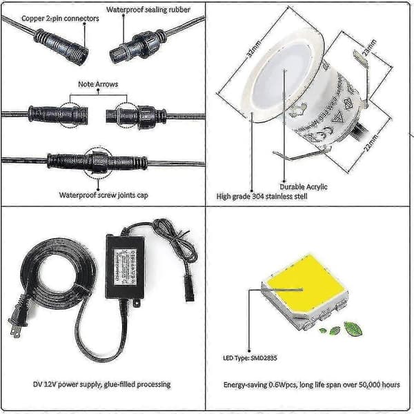 Varmvit 3000K 10-pack utomhus infälld 32mm 0,6W DC12V IP67 vattentät LED-spotlight