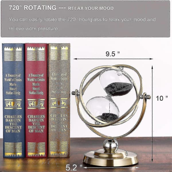 [LLC] Stort timeglas i messing 60 minutter, antikt roterende sort sandur i metal 60 min, U