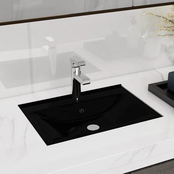 [LLC]vidaXL Washbasin black rectangular ceramic with tap hole and overflow hole Svart black