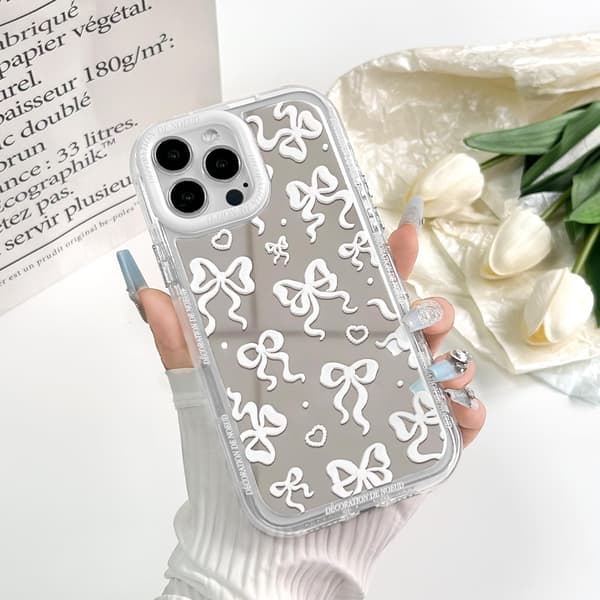 [LLC] Compatible with iPhone 15 Pro Case Cute Mirror Bowknot Love Heart Pattern for Girls Ribbon Design Shockproof Protective Phone Cover iPhone 15 Pro