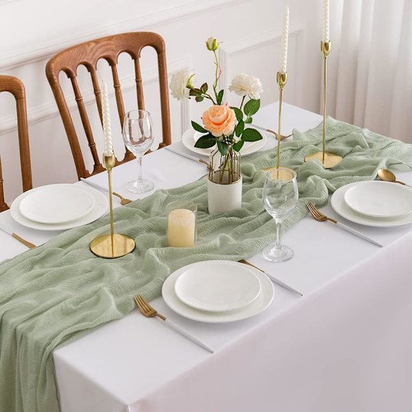 [LLC] Green Eucalyptus Muslin Table Runner - 300 x 80 cm - Rustic Gauze - Washable