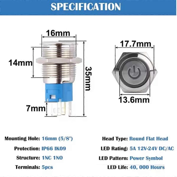 [LLC]5pcs 16mm Metal Latching Push Button Switch Waterproof Anti- Silver Shell 12V-24V 1NO 1NC for 5/8In