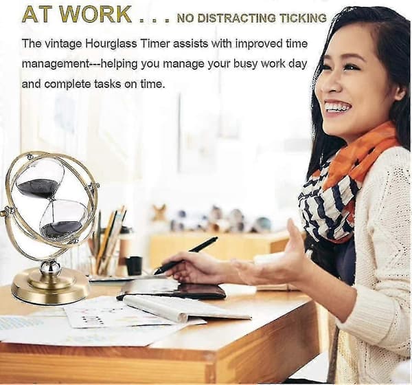 [LLC] Stort timeglas i messing 60 minutter, antikt roterende sort sandur i metal 60 min, U