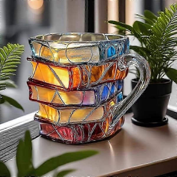 [LLC] Handmålad bokmugg, färgglad nyhetskaffekopp i glas, unik present i form av staplade böcker för bokälskare och läsare B