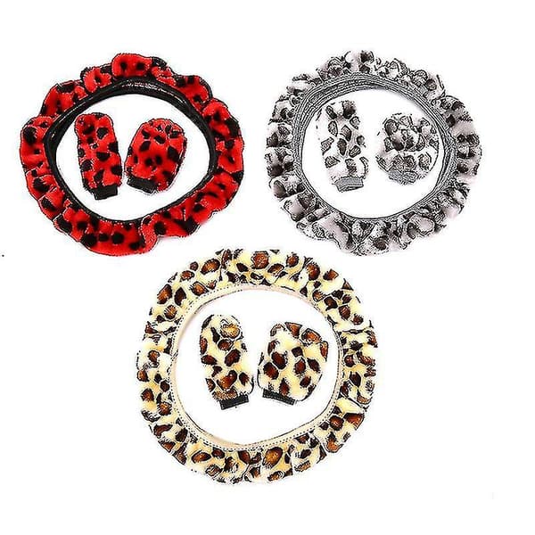 [LLC] 3-pakning Leopardmønstret Plysj Rattrekk Vinterbiltilbehør Red