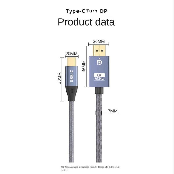 Usb C til Displayport-kabel Toveis 8k 60hz skjermport til Type-c 3.1 Dp-kabel for 3 for Pro