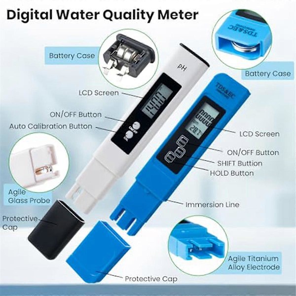 Digital PH og TDS Meter Combo, TDS EC Temperaturmåler, PPM Vandkvalitetstest Kit til Drikkevand W