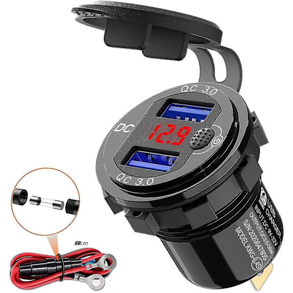 Quick Charge 3.0 12V USB-autolaturi kytkinpainikkeella ja volttimittarilla - Alumiinikotelo
