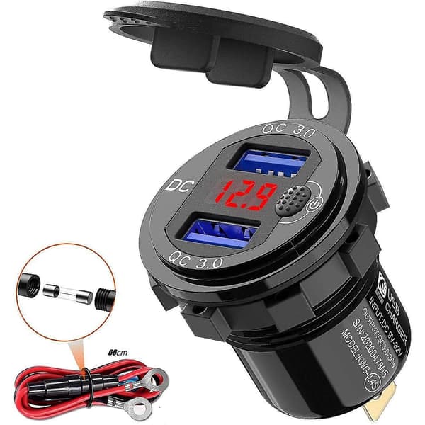 Quick Charge 3.0 12V USB Billader med Bryterknapp og Voltmeter - Aluminium Sokkel