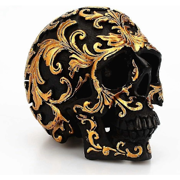Kraniefigur Resin Dekorativ Halloween Skulptur Statue Hjem Halloween Ornament (sort og guld) (1 stk)