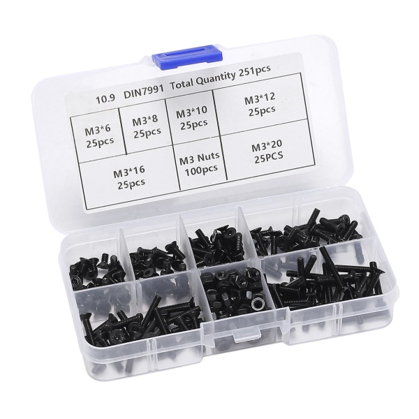 251 Pcs Hex Socket Screw Nuts M3 Carbon Steel Full Thread Screws Kit