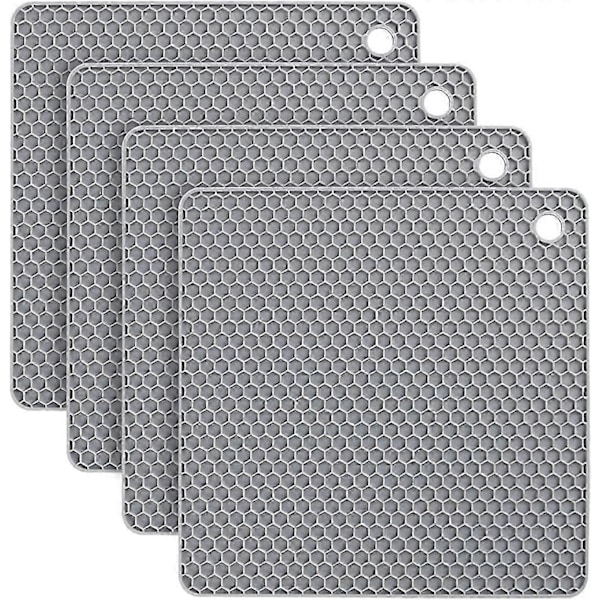 Silikon Bordmatte, 4 stk. Sklisikker Silikon Gryteunderlag, 18 cm Honeycomb Kjøkkenbordmatte Multifunksjonelle Varmebeskyttelse, Skjeholder, Matlaging & Spising (Firkantet-Grå)