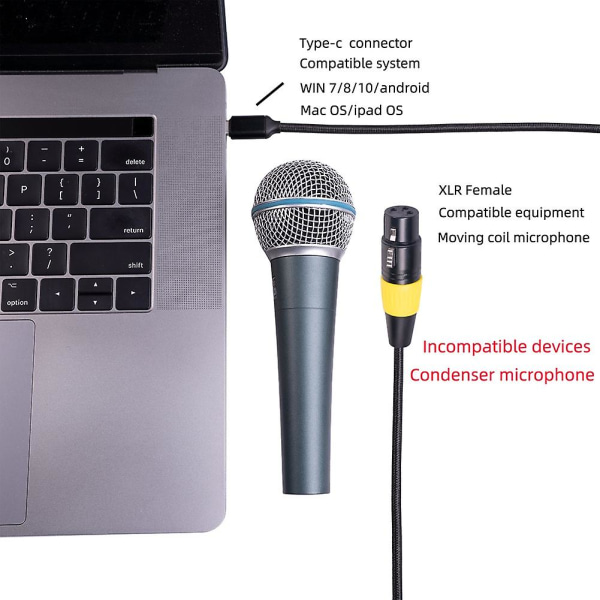 USB-C - XLR-naaraskaapeli, tyypin C uros - 3-nastainen XLR-naarasmikrofonikaapeli, tietokoneen äänentoisto