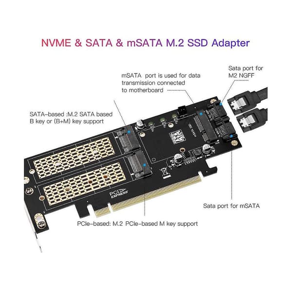 M.2 NVMe SSD NGFF til PCIe 3.0 X16 Adapter M-nøgle B-nøgle mSATA PCI Udvidelse SATA 3 i 1 Konverter Ris