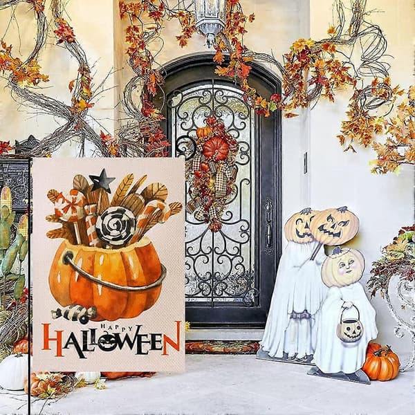 Happy Halloween Trädgårdsbanner Dubbelsidig Linne Höst Pumpa Trädgårdsbanner, Rolig Pumpa Banner
