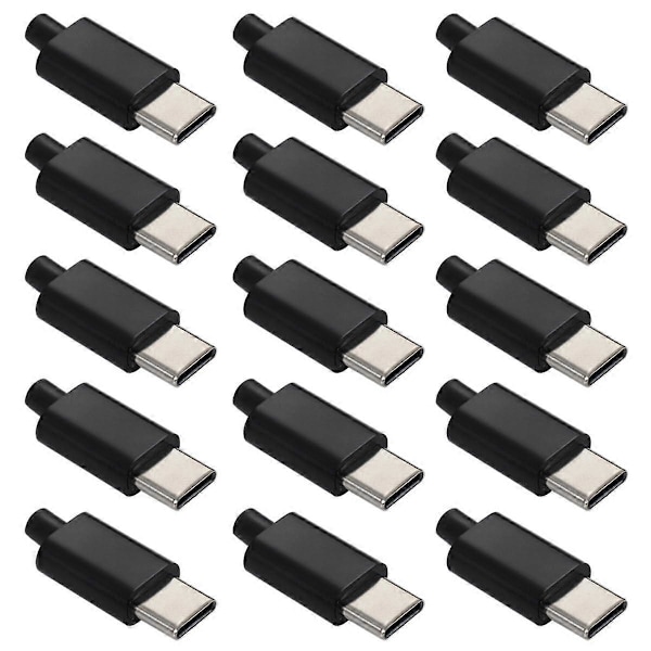 15 stk. USB 2.0 Type-C hannkontakt med hus, 4-pinners 6V 2A loddetype for lading og dataoverføring