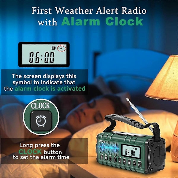 Nödradio, AM/FM/ Vevradio Soldriven 10000mAh Telefonladdare Radio, LCD-Display Väckarklocka