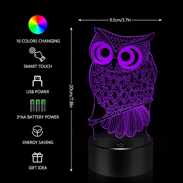 SBSG Ugle Gaver 3D Ugle Lampe, Touch & Fjernbetjening - 16 Farveskift Natlampe - Soveværelse Dekoration Legetøj