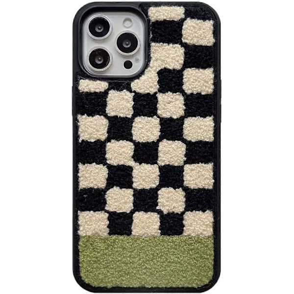 Luksuspyyhe-kirjontapuhelimen kuori iPhone 12/12 Pro:lle, söpö ja kaunis ruudullinen pörröinen pehmeä silikoninen iskunkestävä pussi iPhone 12/12 Pro 6.1 tuuman puhelimelle