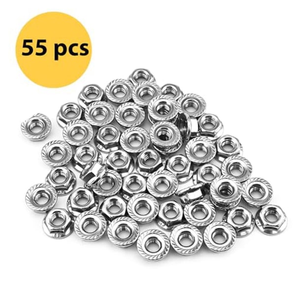 55 kpl M6 Serrated Flange Hex Nuts, M6-1mm Kuusiokulma Flange Nuts, Lukkopähkinät Korvaava Pähkinä DIY H:lle